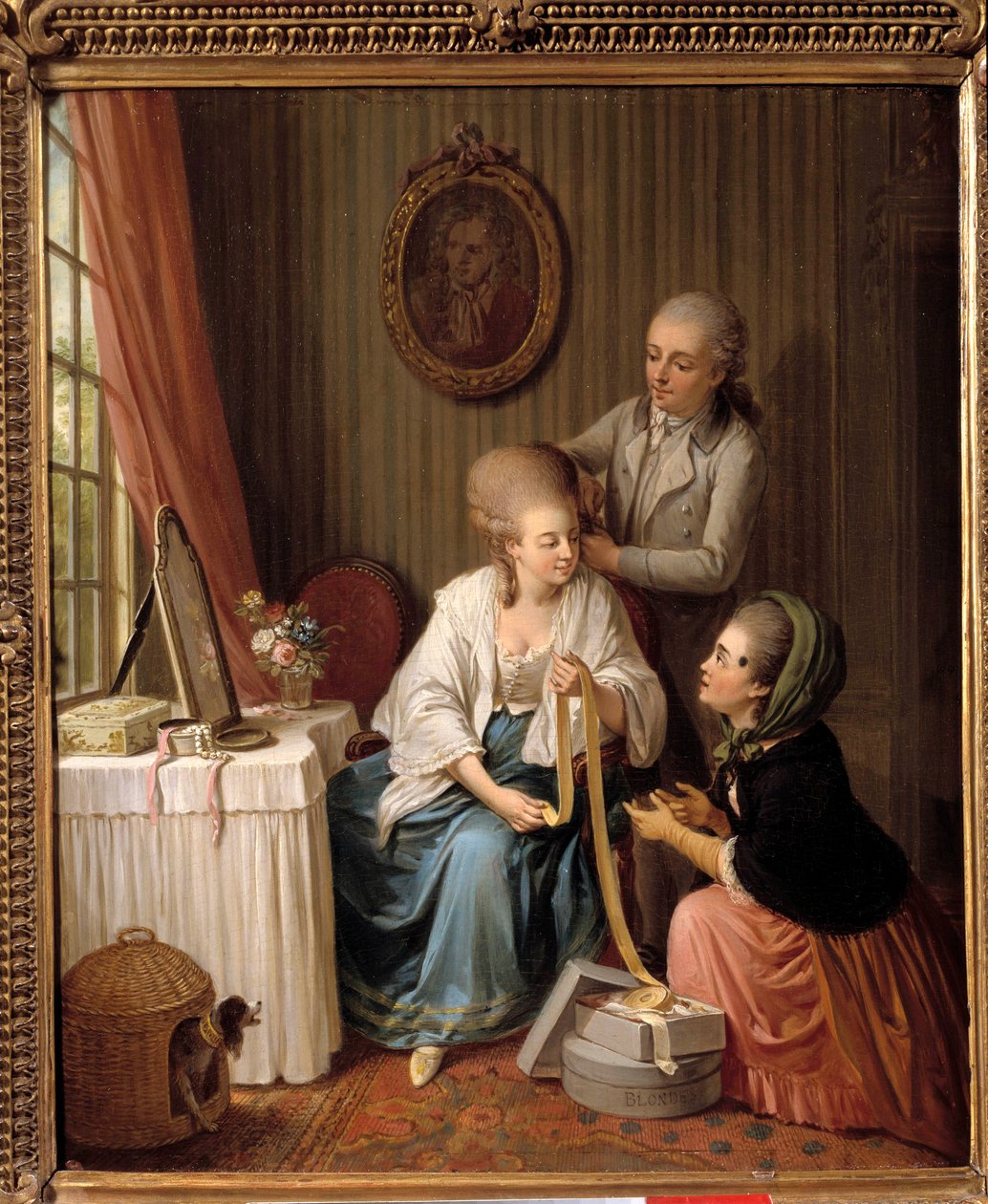 Båndhandleren En ung kvinne som har på seg et hår hjemme, snakker med kjøpmannen med en fasjonabel flue i ansiktet. Maleri av Sigmund Freudenberg (1745-1801) Paris fra 1700-tallet, Musee de Cognacq Jay av Sigmund Freudenberger