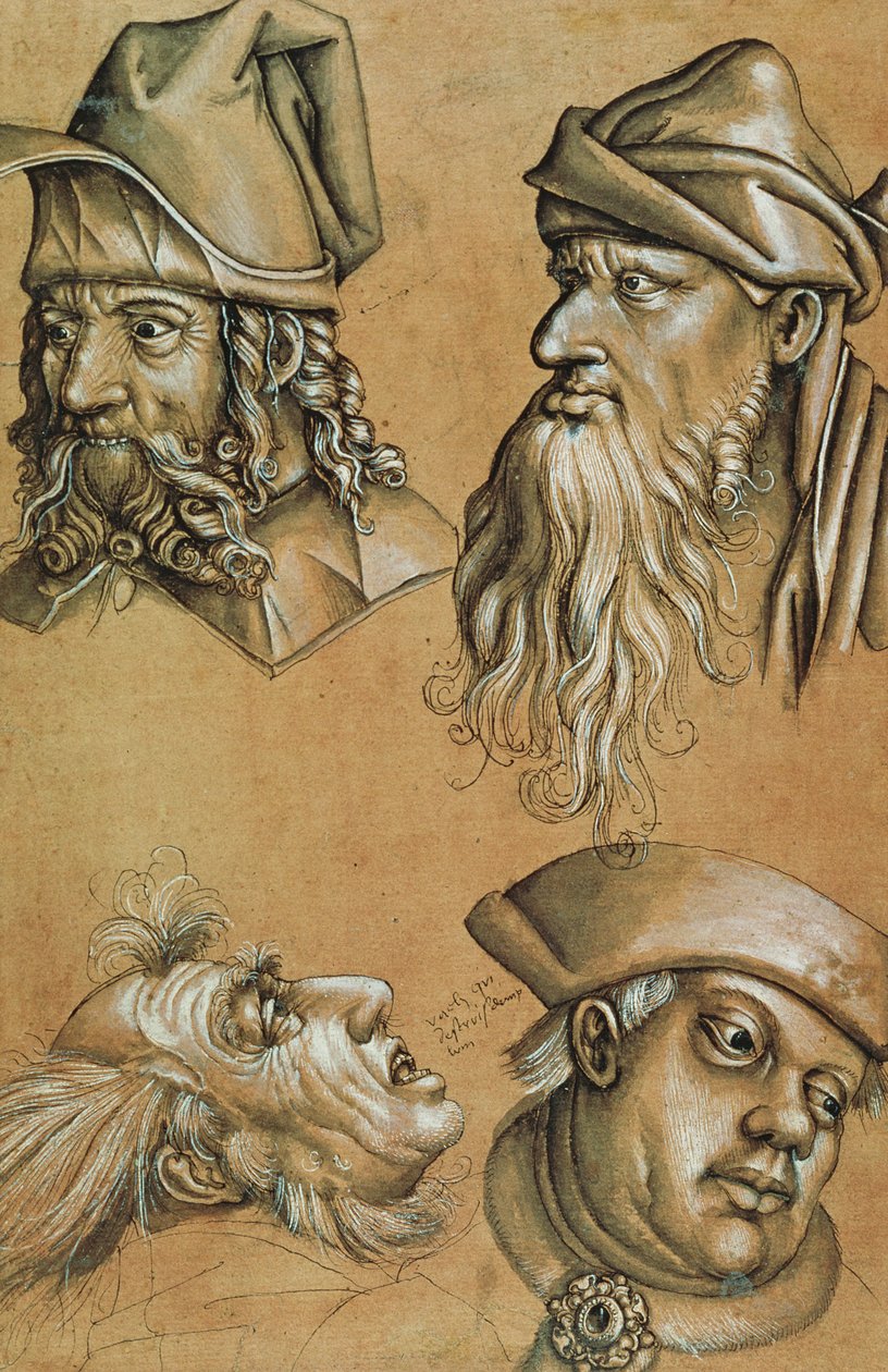 Studier av Four Heads for a Passion Series (penn og blekk, vask og kroppsfarge på papir) av Sigmund Holbein