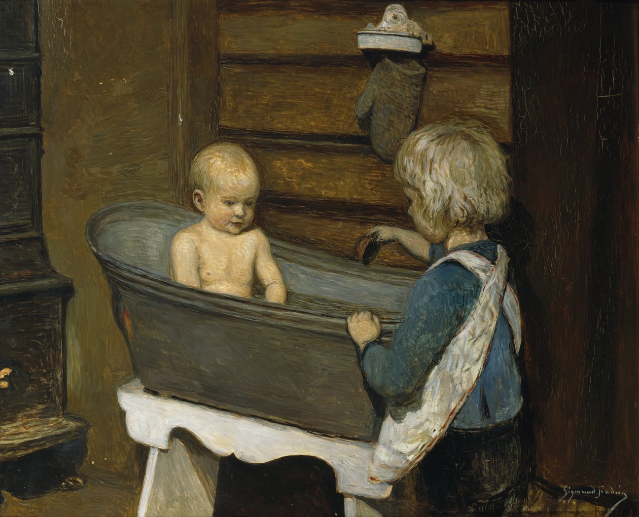 Choldren leker i et vaskekar (olje på lerret) av Sigmund Sinding