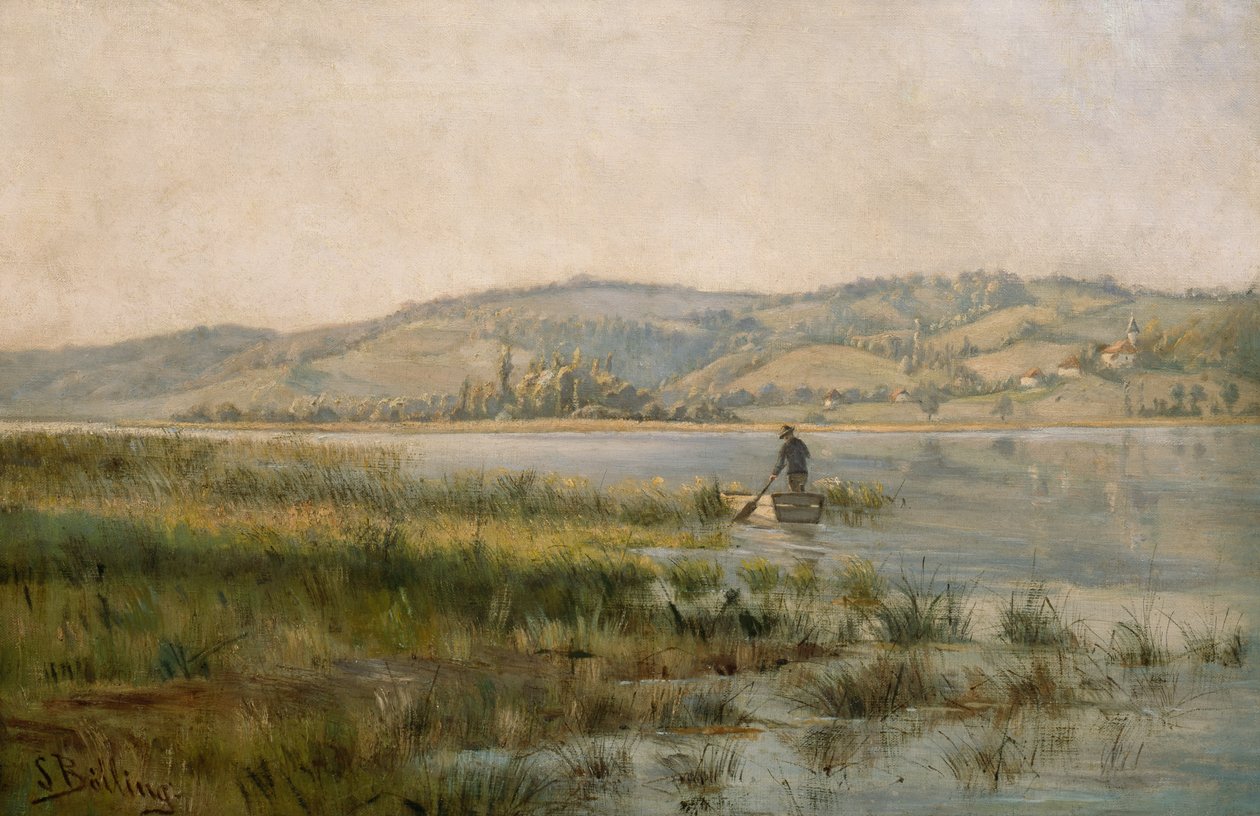 Padlende mann på innsjø (maleri) av Sigrid Bolling