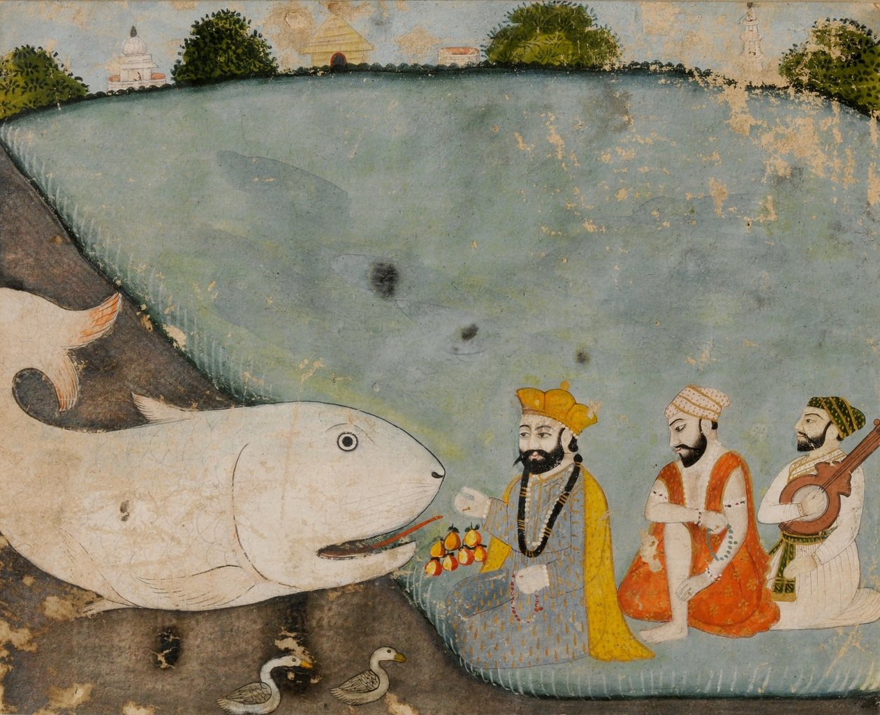 Guru Nanak med Bala, Mardana og den store fisken (Vishnu i Matsyavatara) av Sikh School