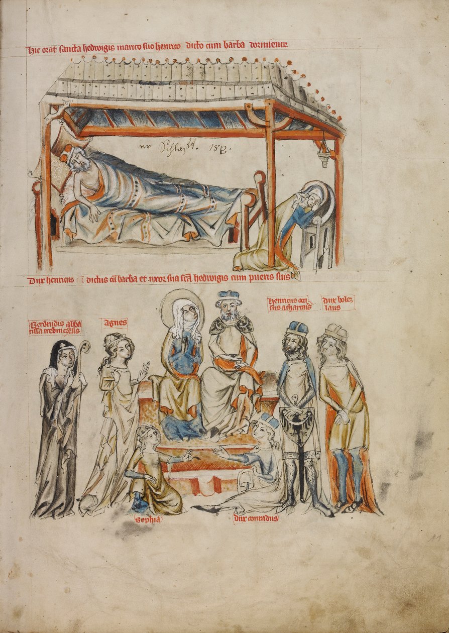 Heinrich Sleeping og Saint Hedwig ber; Heinrich og Saint Hedwig med barna deres, 1353 (Temperafarger, fargede vasker og blekk på pergament) av Silesian School Silesian School