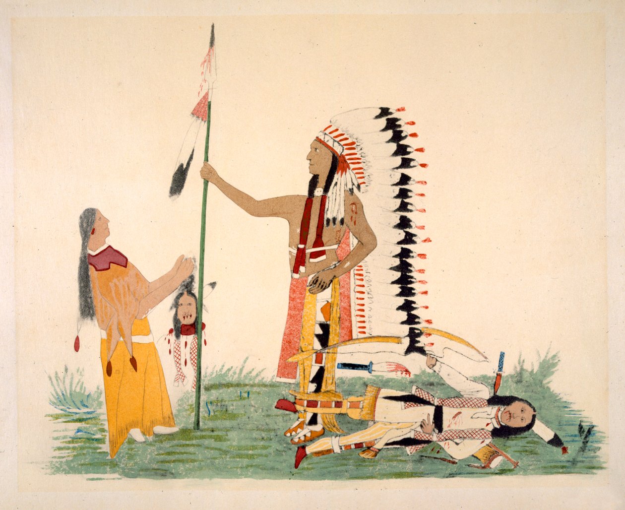 Comanche og kona møter og slåss med en Ute, fra en serie legendariske episoder malt av kunstneren (pigment på hjorteskinn) av Silver Horn