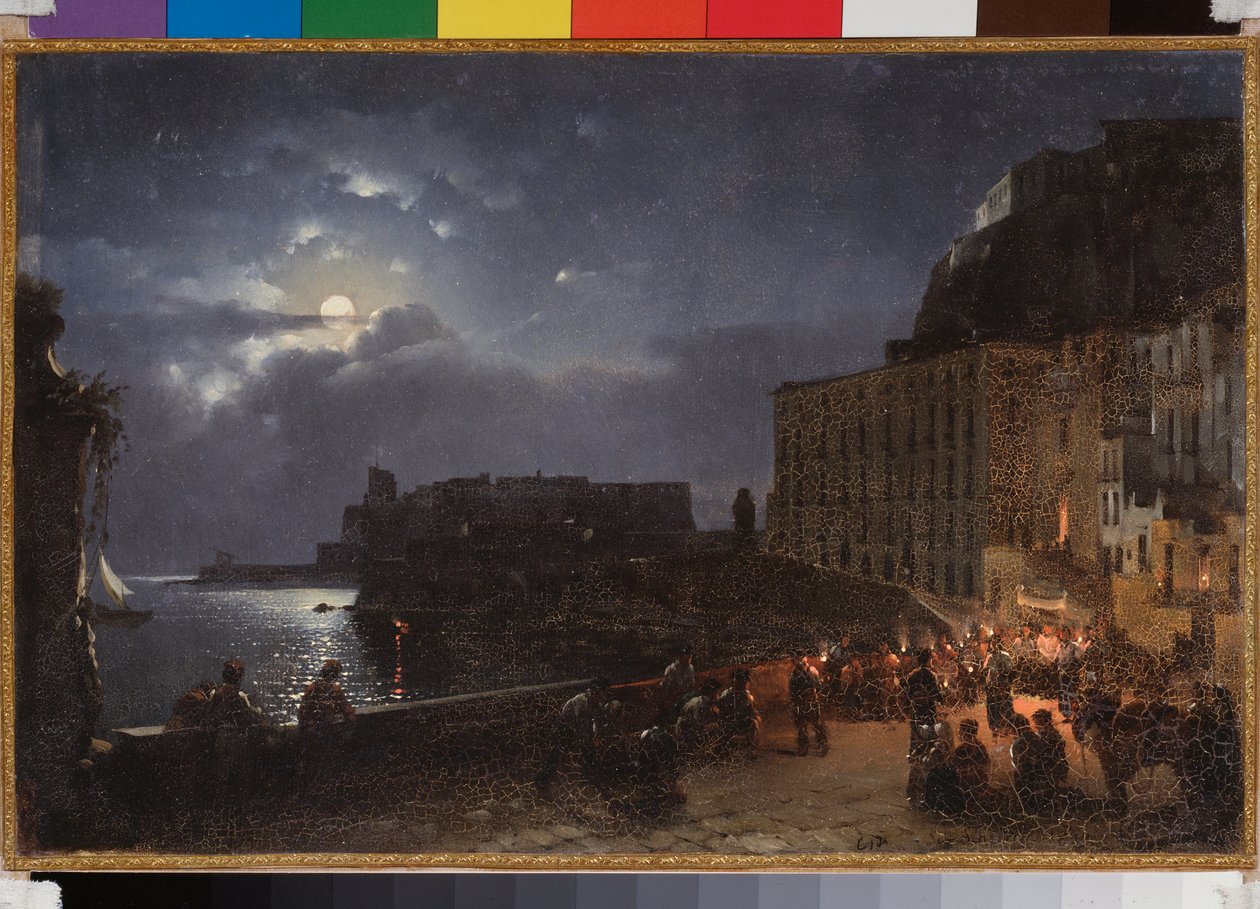 Santa Lucia-bryggen i Napoli (Italia), på en fullmånenatt. Maleri av Sylvester Feodosiyevich Shchedrin (Sylvester Shchedrin) (1791-1830), olje på lerret av Silvestr Fedosievich Shchedrin
