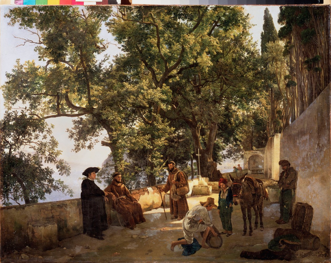 En terrasse ved kysten, nær Sorrento (Sorrento, Italia) (Capuchin-munker i samtale og en mann laster eselet sitt med små tønner) - En terrasse på en strand, Cappuccini nær Sorrento - Maleri av Sylvester Feodosiyevich Shchedrin (Sylv av Silvestr Fedosievich Shchedrin