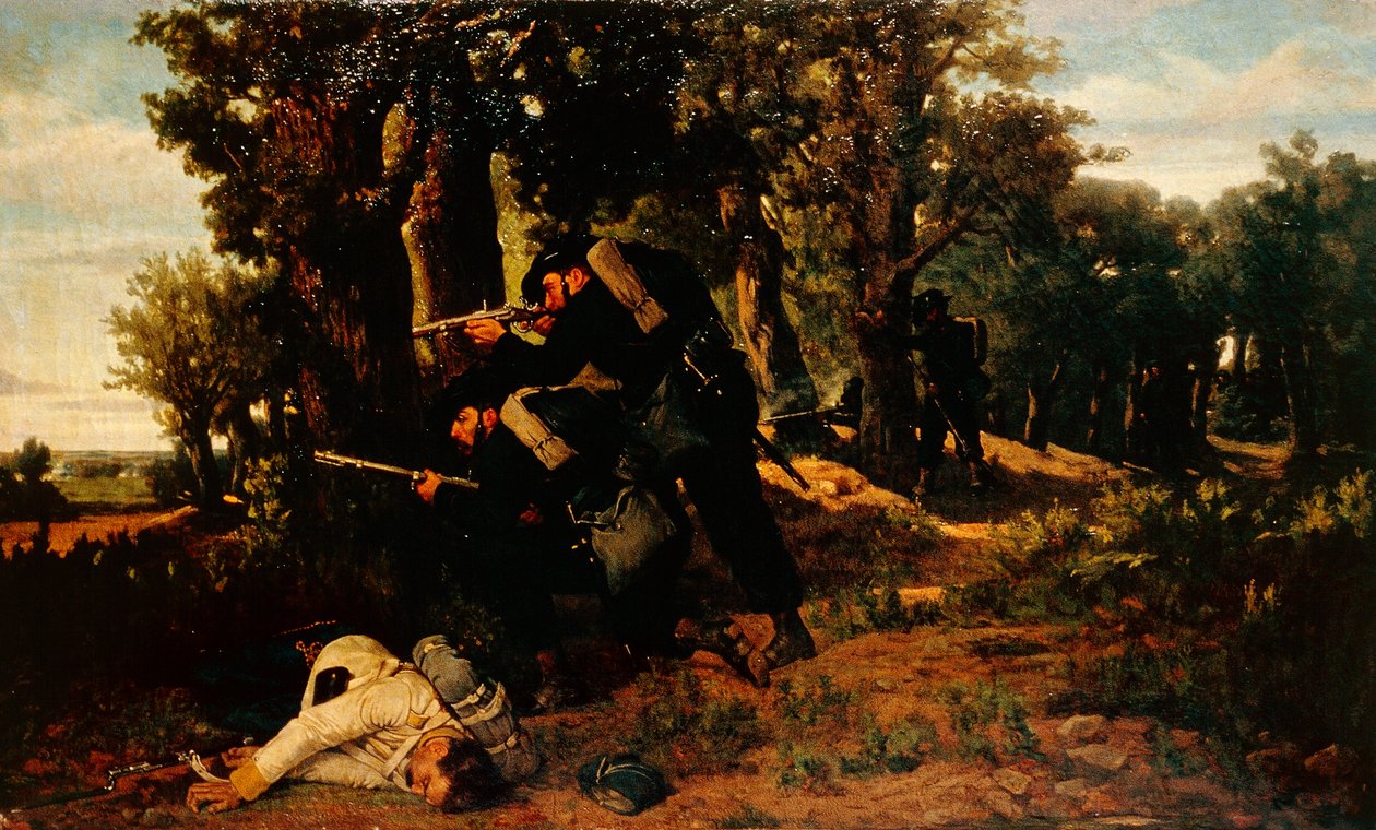 Bakholdsangrep fra Bersaglieri (soldater), av Silvestro Lega (1826-1895). av Silvestro Lega