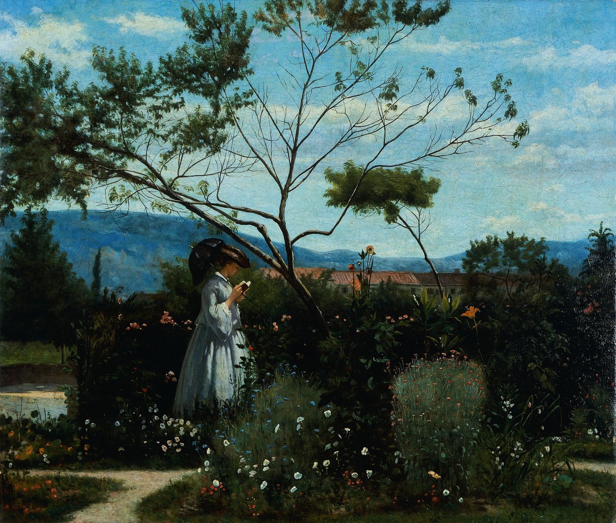 Blant blomstene i hagen, av Silvestro Lega (1826-1895). av Silvestro Lega