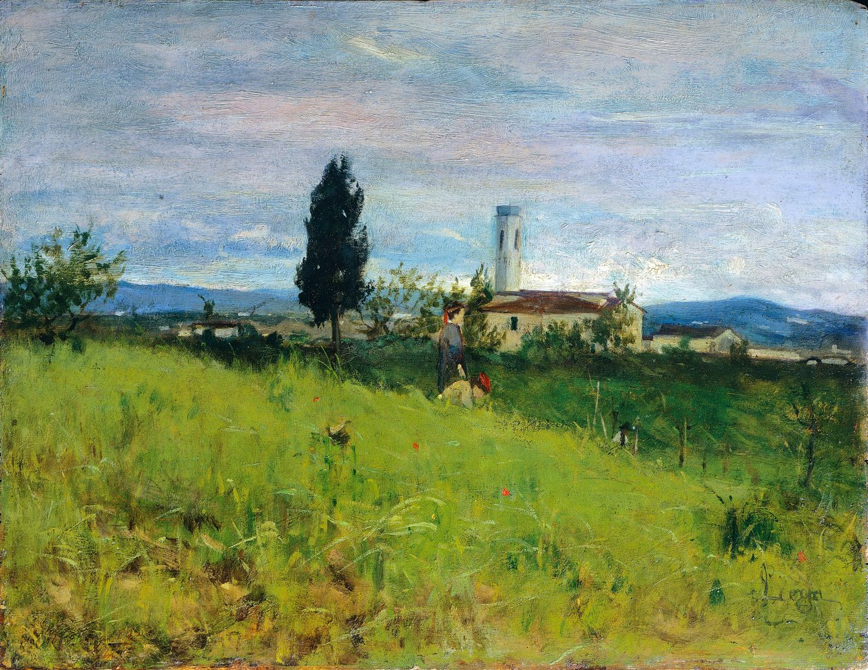 Kirke i landet, av Silvestro Lega (1826-1895), olje på panel, 29x38 cm av Silvestro Lega