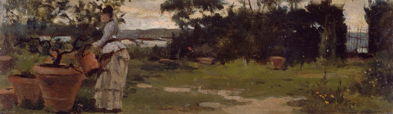 Garden at Bellariva, ca 1884, av Silvestro Lega (1826-1895), olje på panel, 7x23,5 cm av Silvestro Lega