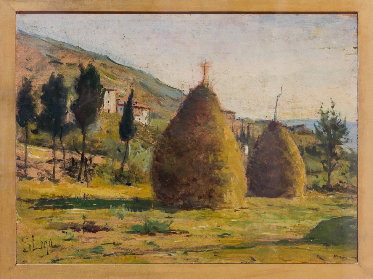 Haystacks in the Sun, ca. 1890 (olje om bord) av Silvestro Lega
