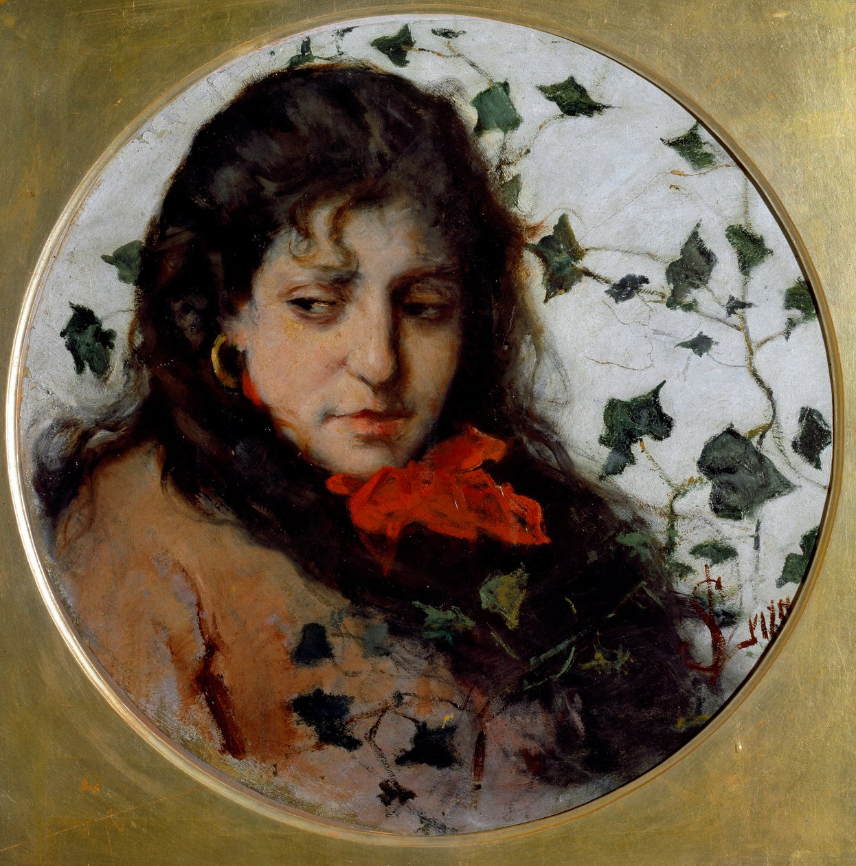 Eføy (Edera) Portrett av en ung kvinne, har melankolsk uttrykk, ansikt omgitt av eføyblader - (Ivy) Maleri av Silvestro Lega (1826-1895) Genes, Galleria d