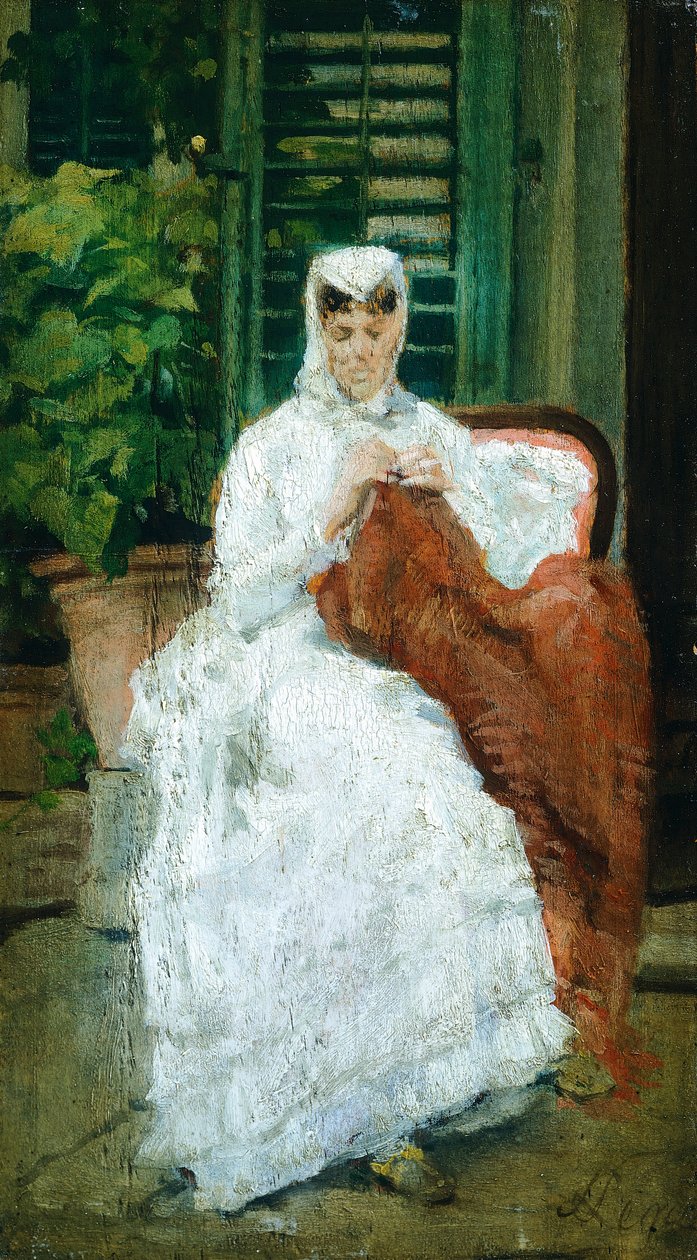 Damesøm, av Silvestro Lega (1826-1895), Olje på panel, 27,5x15,5 cm av Silvestro Lega