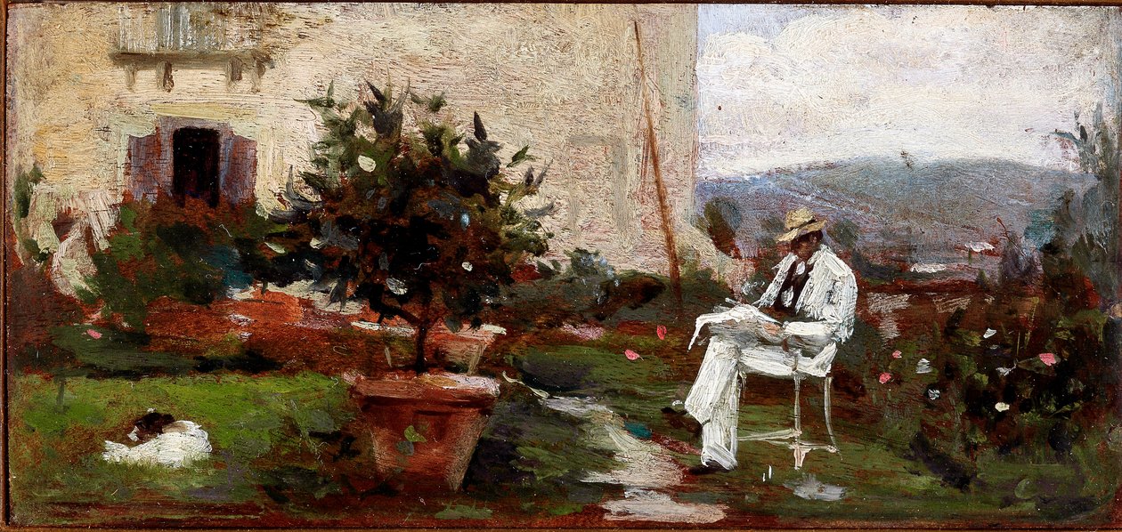 Luigi Tommasi i hagen sin (maleri på en treboks av Silvestro Lega