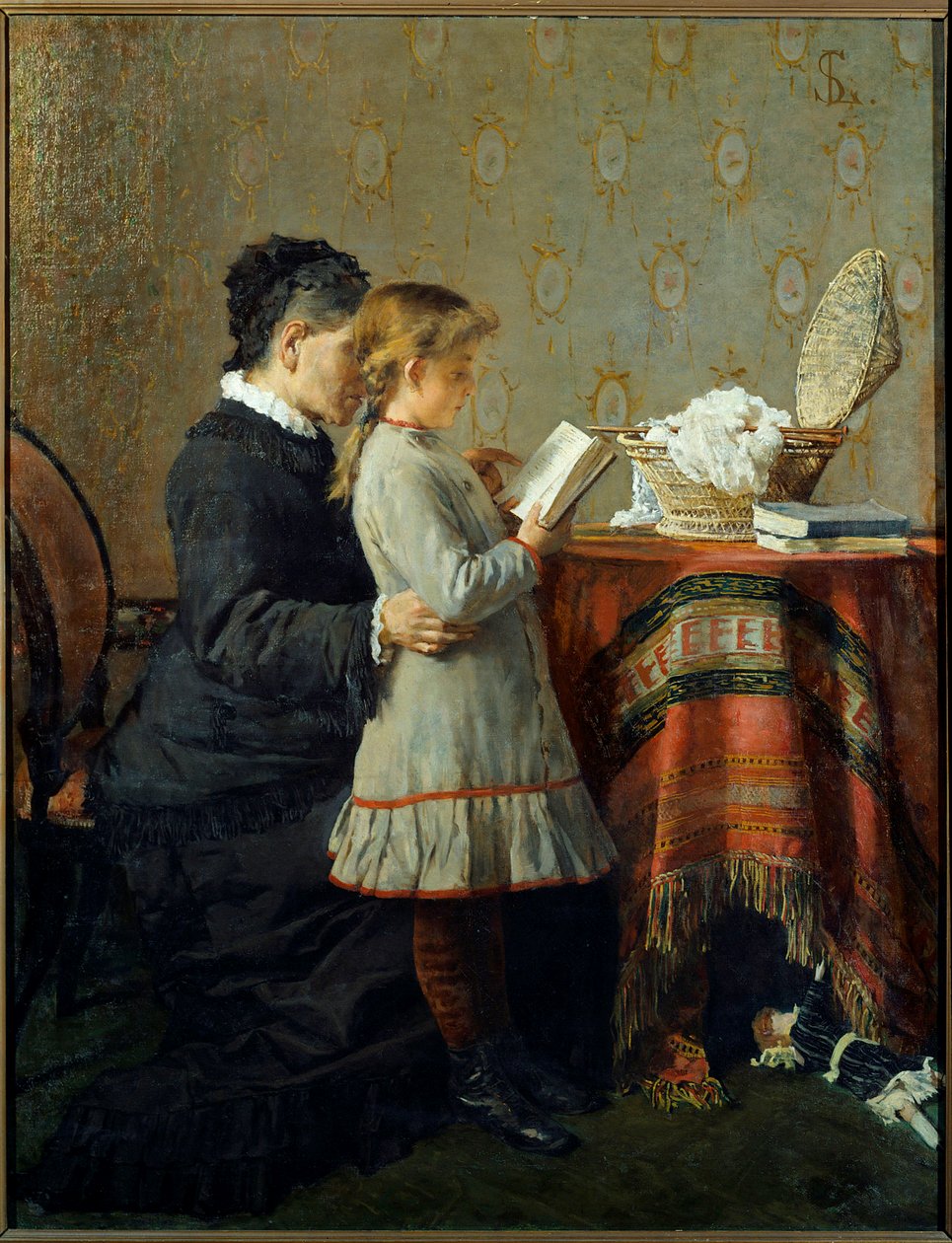 Lesetime. En sykepleier lærer å lese en liten jente. Maleri av Silvestro Lega (1826-1895) Ec. Ital av Silvestro Lega