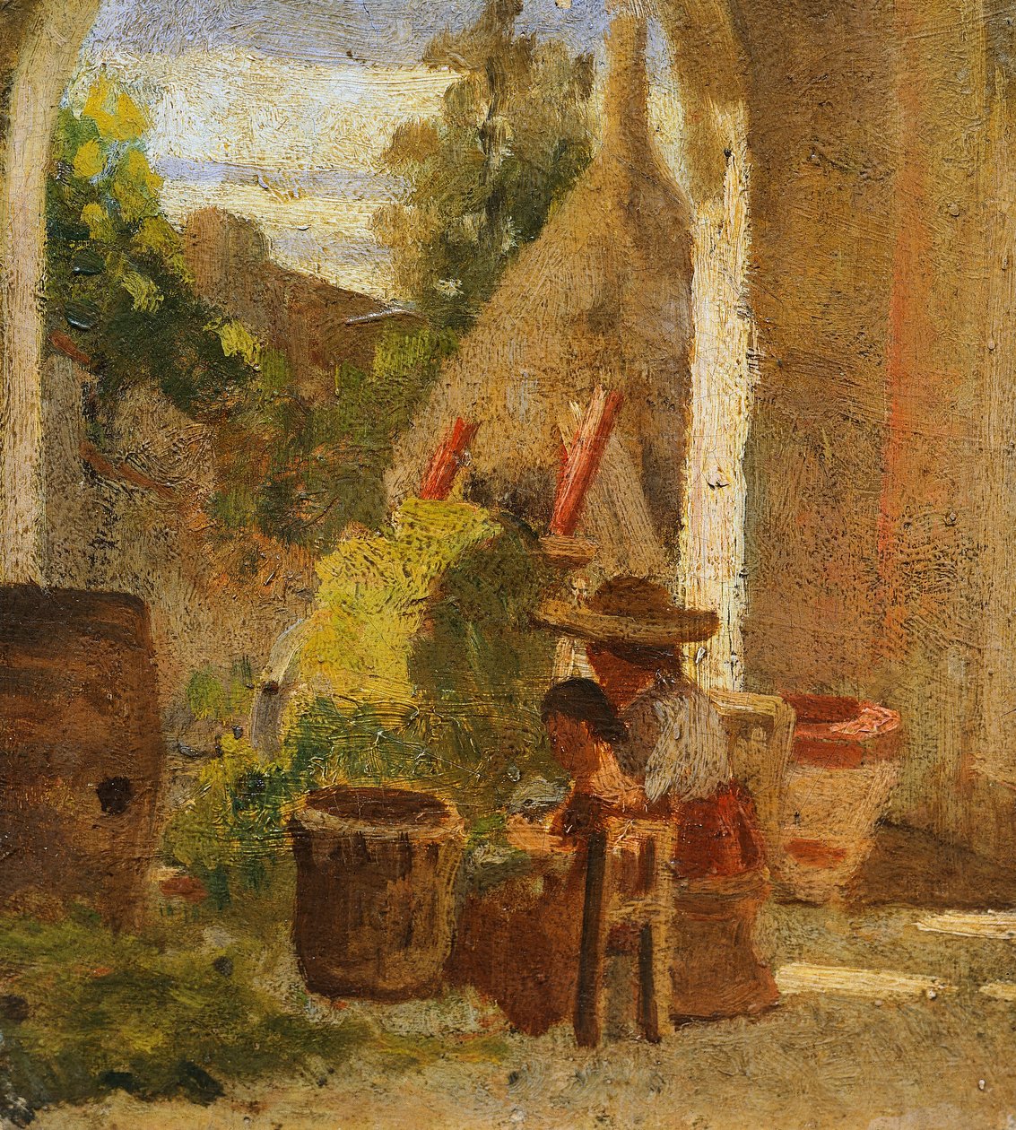 Rustikk loggia, Country Study triptych av Silvestro Lega