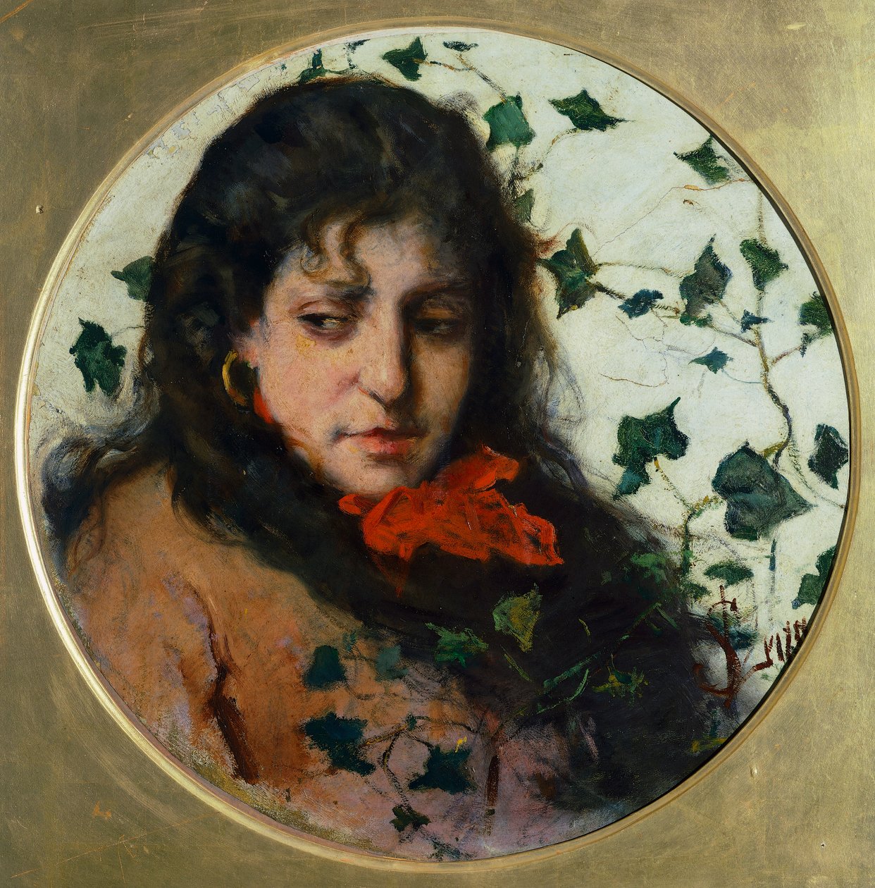 Kvinne med eføy, av Silvestro Lega, olje på panel av Silvestro Lega