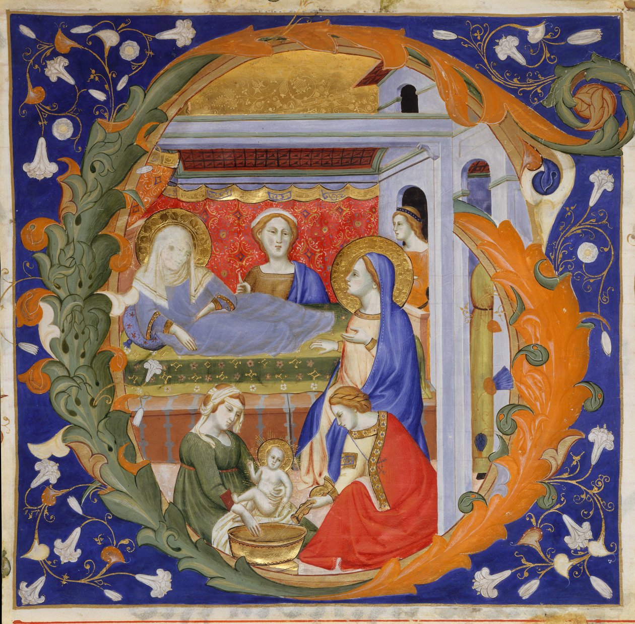 Manuskriptbelysning med Jomfruens fødsel i en innledende G, fra en gradvis, italiensk, ca. 1 av Silvestro dei Gherarducci