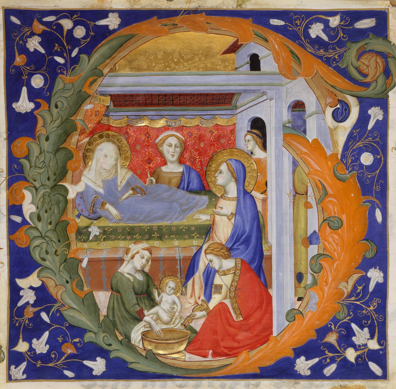 Manuskriptbelysning med Jomfruens fødsel i en innledende G, fra en Gradual, ca. 1375. av Silvestro dei Gherarducci