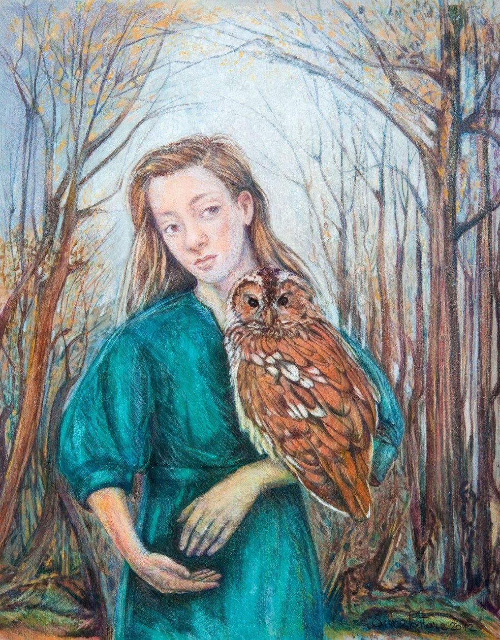 Girl with Owl, 2012 (akvarell med pastell) av Silvia Pastore