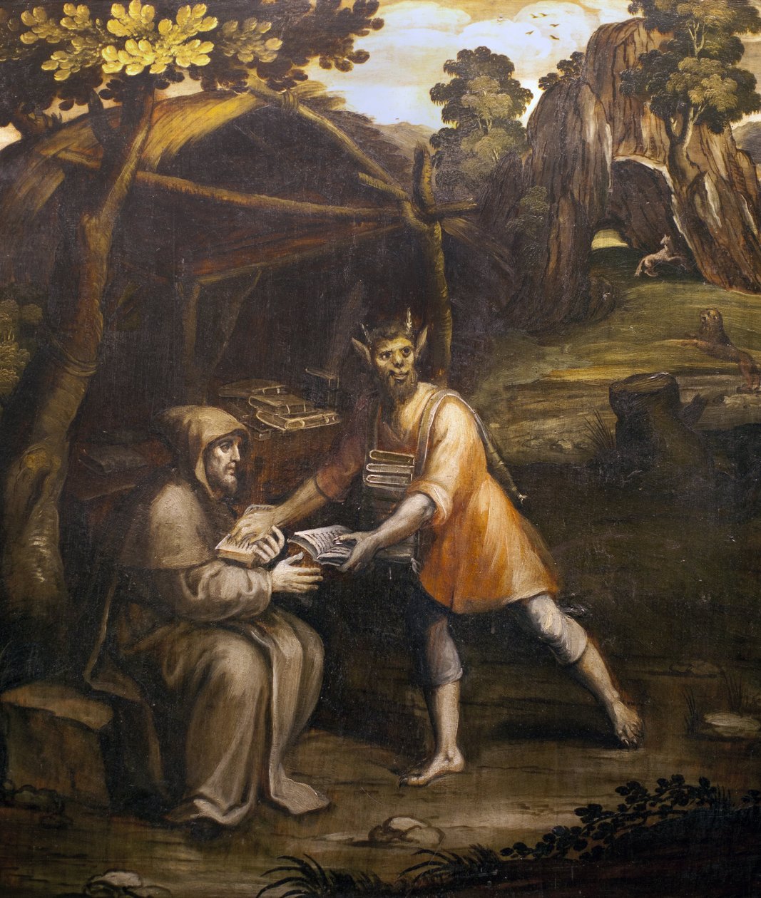 Djevelen tar de hellige bøkene og erstatter dem med sekulære bøker; Maleri av Simao Rodrigues (1560-1629); (Djevelen tar de hellige bøkene og erstatter dem med sekulære bøker; maleri av Simao Rodrigues av Simao Rodrigues