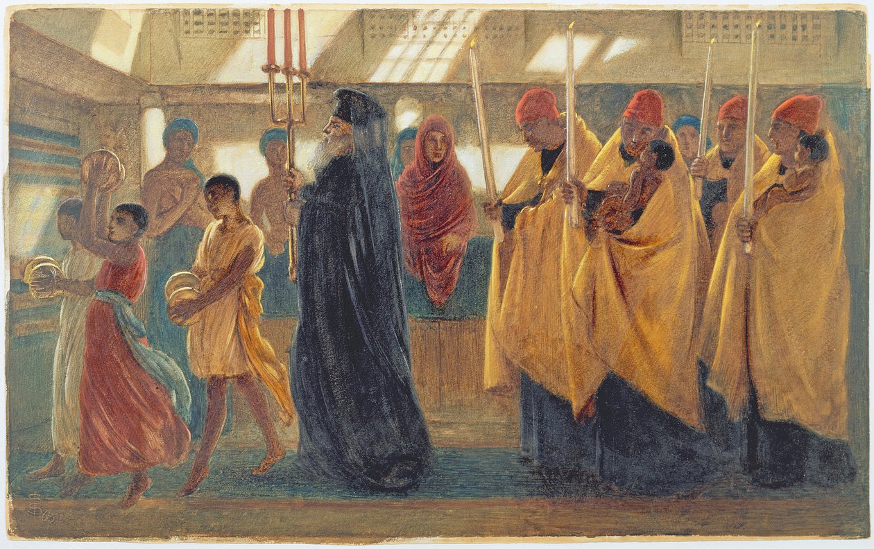 Koptisk dåpsprosesjon, 1865 (wc, gouache og gummi arabicum) av Simeon Solomon