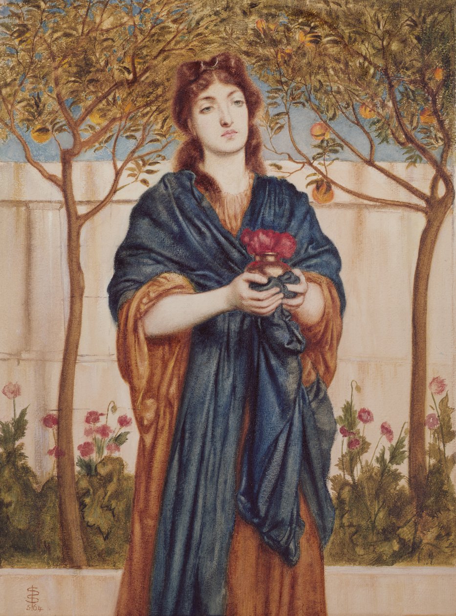 Prestinne som ofrer valmuer, 1864 (wc forhøyet med hvitt på papir) av Simeon Solomon
