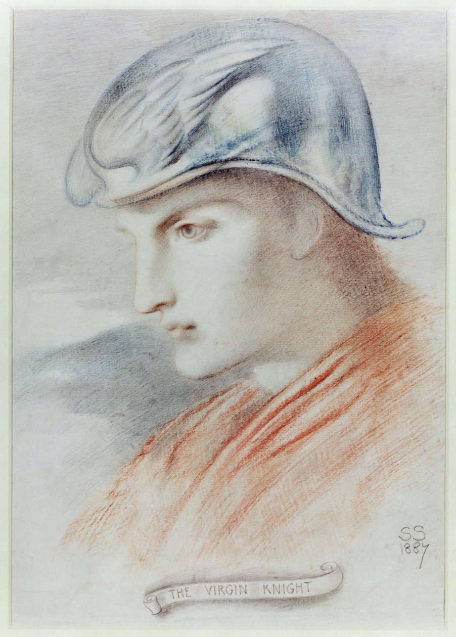 The Virgin Knight, 1887 (farget kritt på papir) av Simeon Solomon