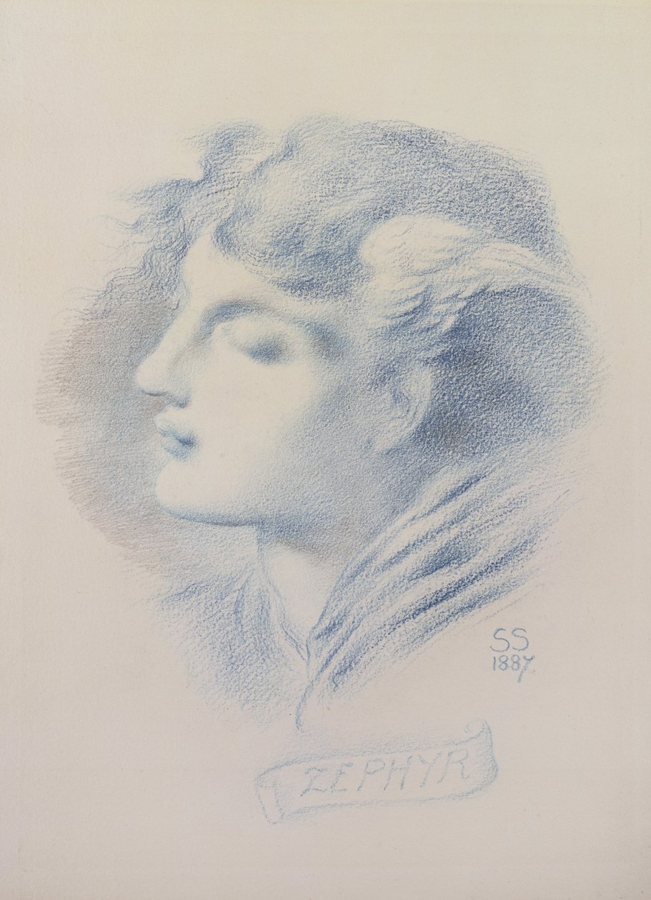 Zephyr, 1887 (blå fargestift og blyant på papir) av Simeon Solomon