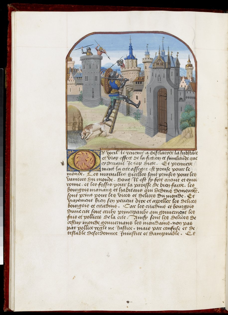 Ms.165 f.51v: Soldat med skjold og sverd som klatrer opp en stige, fra Hesdin eller Valenciennes, c.1465-68 (pergament) av Simon Marmion