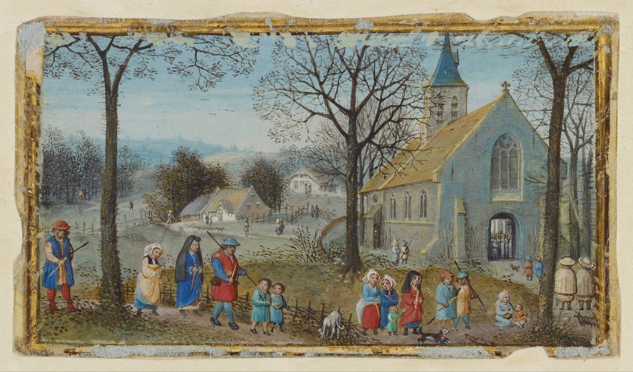 Landsbyboere på vei til kirken av Simon Bening