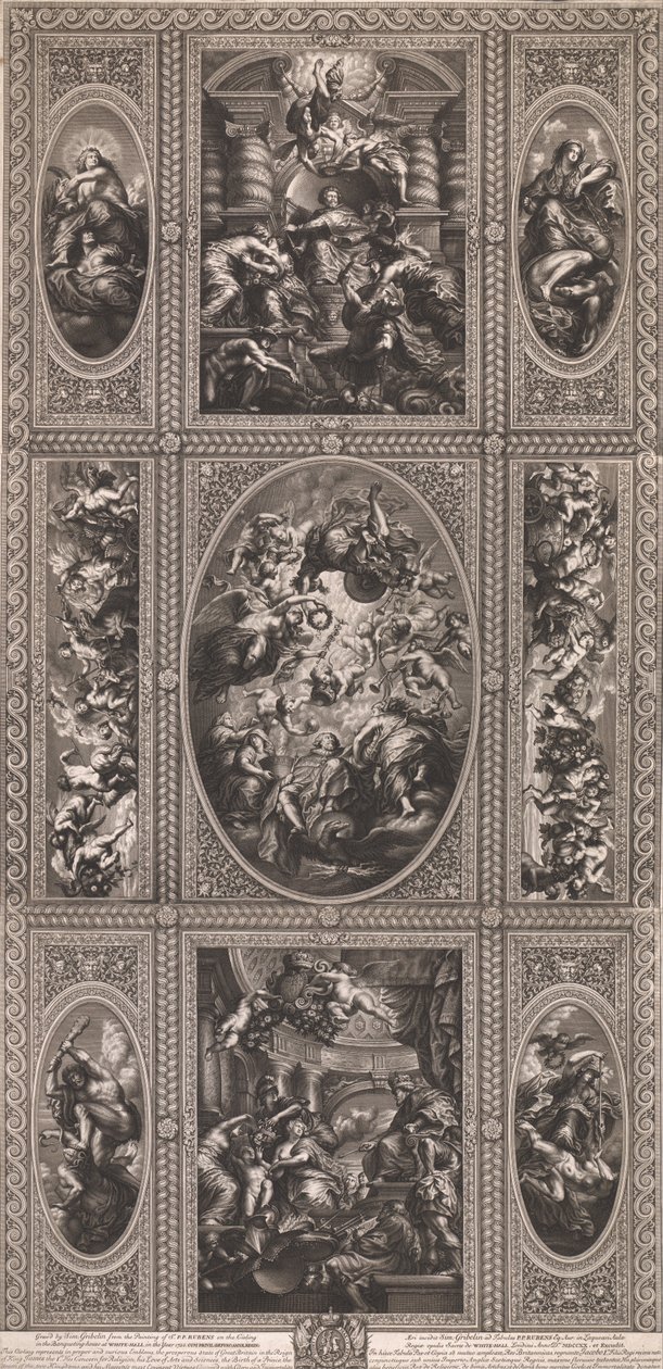 Fra maleriet av taket i selskapslokalet i White-Hall i år 1720 av Simon Gribelin