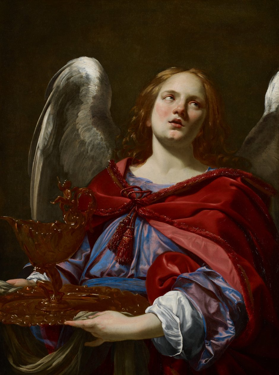 Engler med lidenskapens attributter: engel som holder karet og håndkleet for å vaske hendene til Pontius Pilatus, ca. 1624 av Simon Vouet