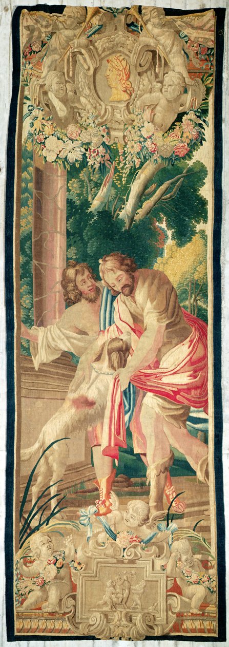 Ulysses akkompagnert av Telemachus blir gjenkjent av hunden hans, Argus (ullteppe) av Simon Vouet