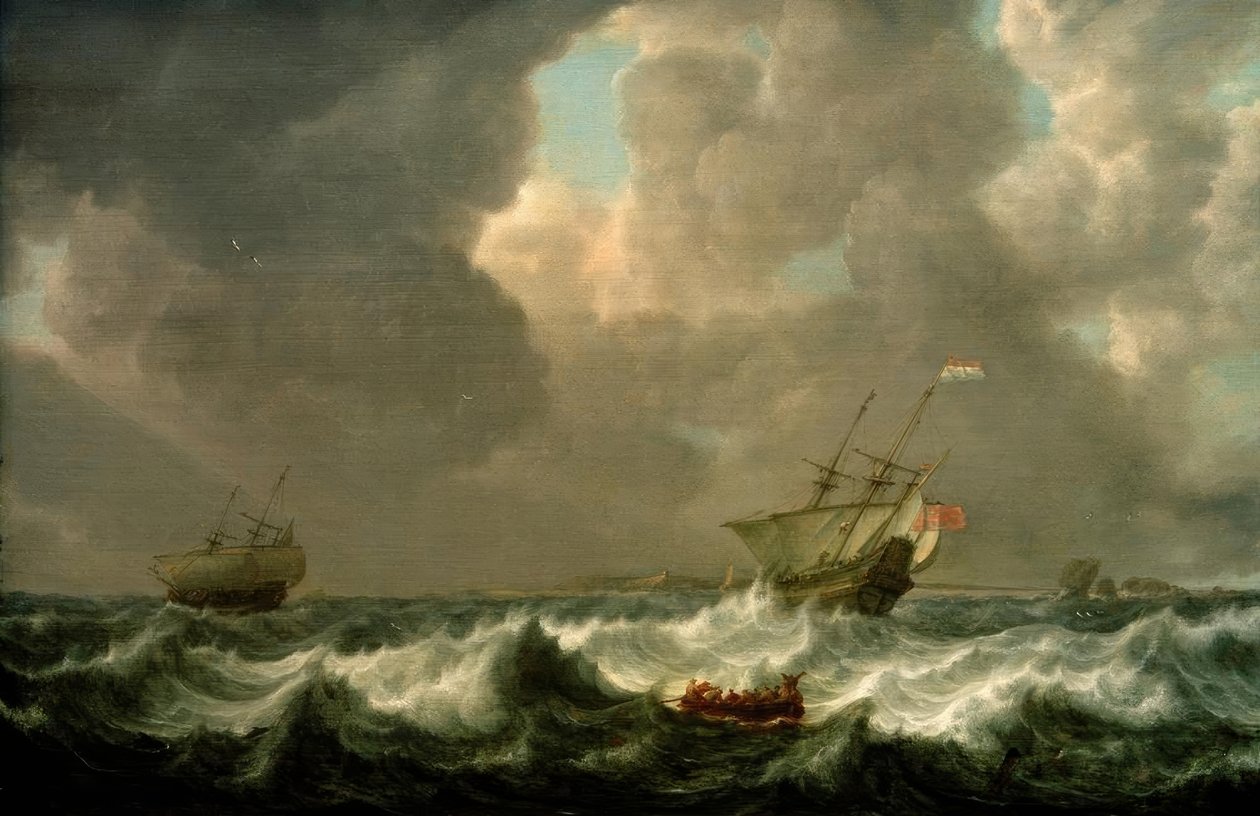 Hollandske handelsskip på stormfullt hav foran en F av Simon de Vlieger
