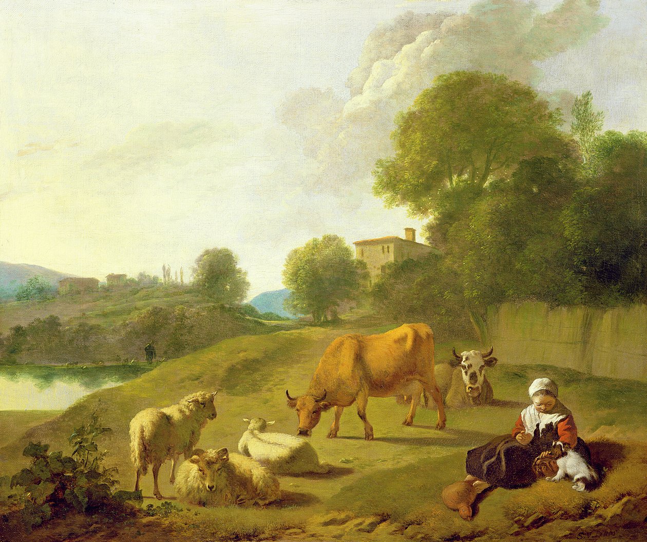 Et elvelandskap med storfe, sauer og en ung jente som leker med en hund av Simon van der Does
