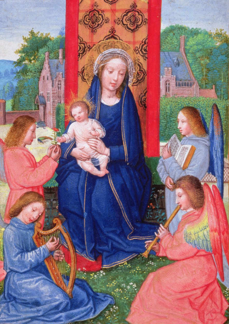 F.eks 2125 f.157v Madonna og barn med engler som spiller instrumenter, fra Hours of Joanna of Ghistelles, c.1516 (vellum) av Simon (attr. to) Bening