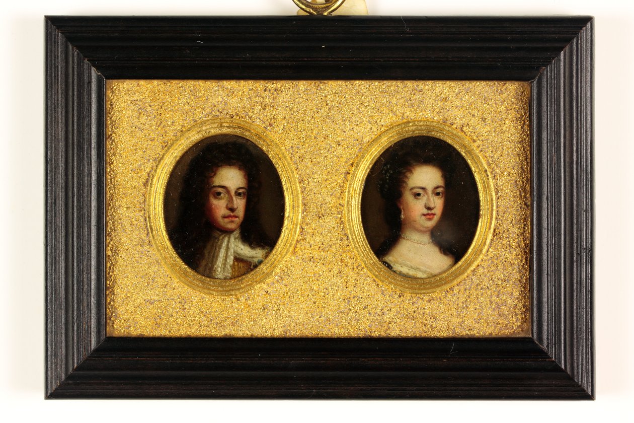 Kong William III og Queen Mary II (akvarell på vellum) (se også 3076025 og 3076026) av Simon (attr.to) Du Bois