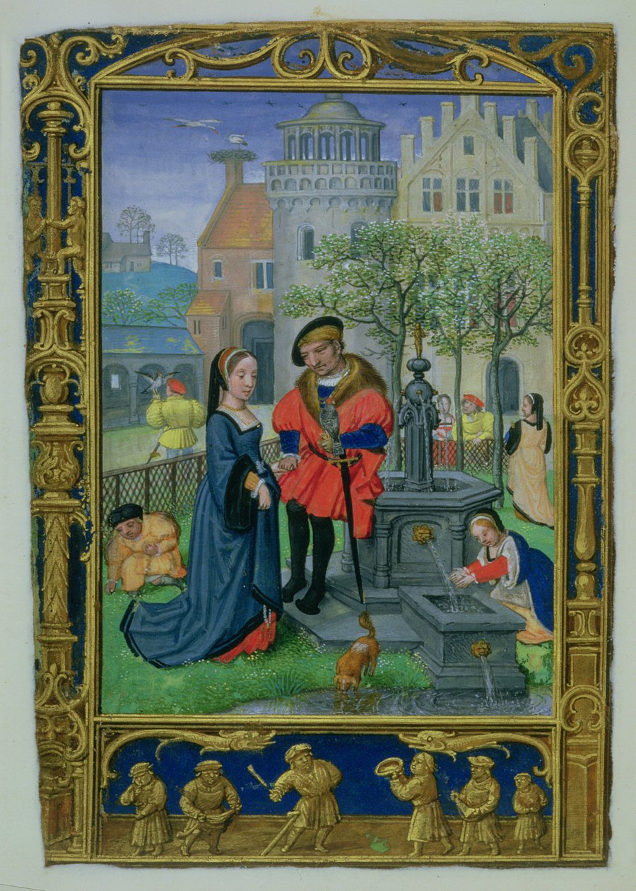 Legg til 24098 f.21v april: Frieri, fra en timebok, eller golfboken, ca. 1520-30 (vellum) av Simon (workshop of) Bening