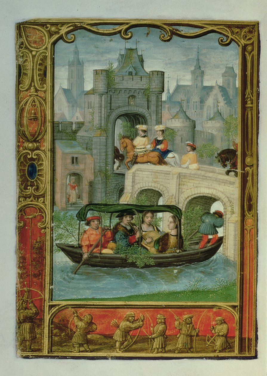 Legg til 24098 f.22v May: A Boating Party and Archery, from a Book of Hours, eller Golf Book, c.1520-30 (vellum) av Simon (workshop of) Bening