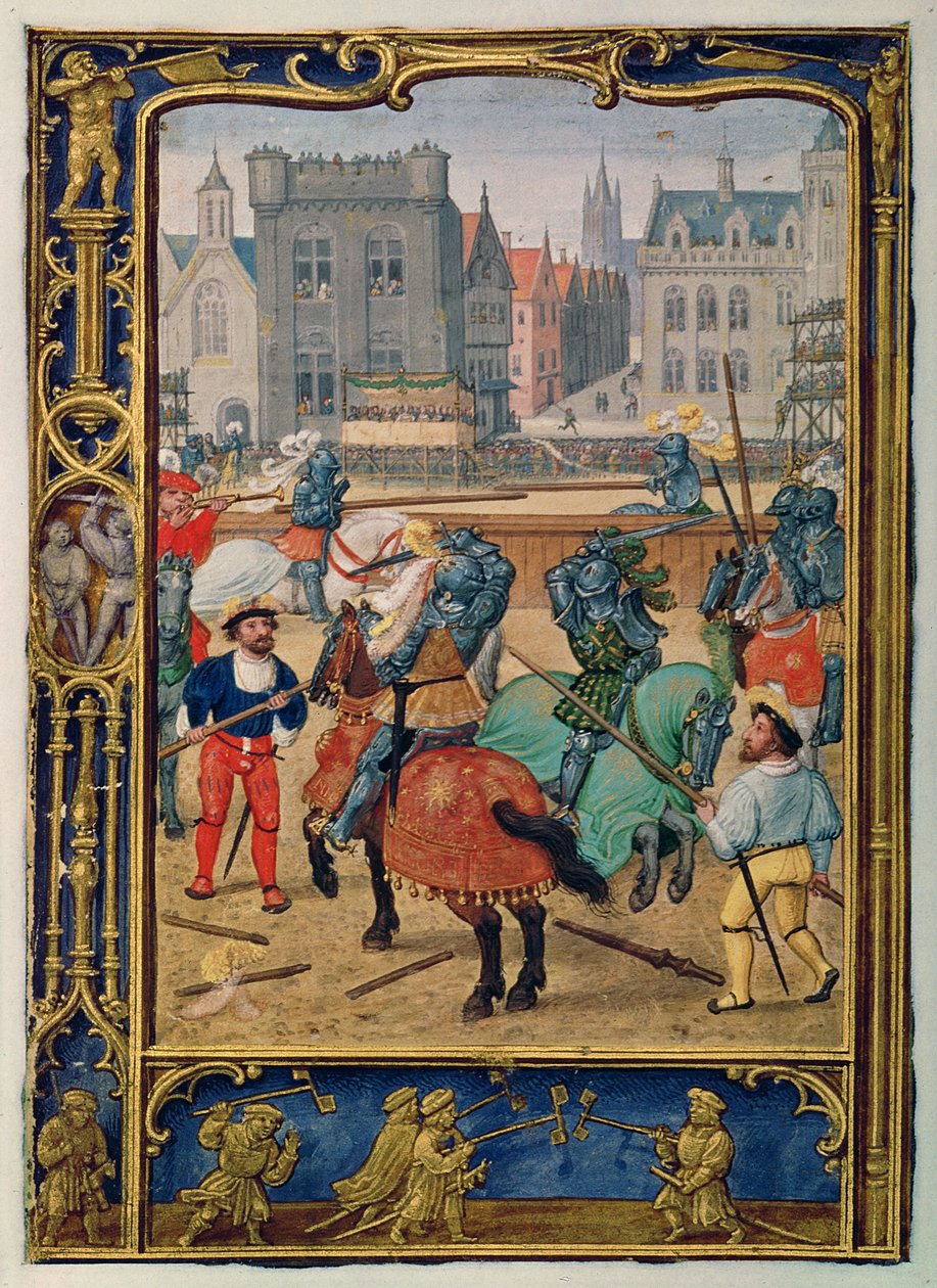 Legg til 24098 f.23v juni: Løping og en lek med hobbyhester, fra en timebok, eller golfboken, ca. 1520-30 (vellum) av Simon (workshop of) Bening