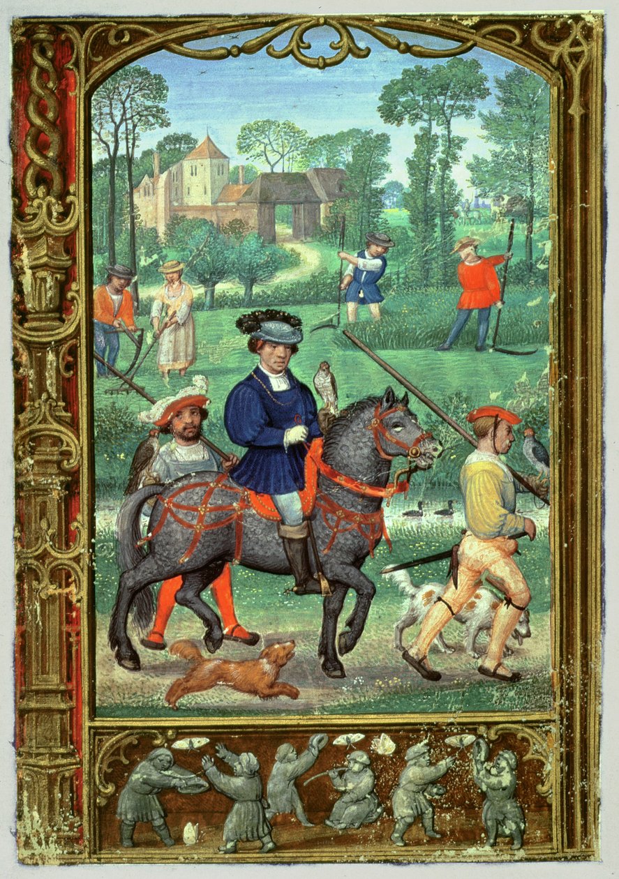 Legg til 24098 f.24v juli: Falkejakt, slått og jakt etter sommerfugler, fra en timebok, eller golfboken, ca. 1520-30 (vellum) av Simon (workshop of) Bening