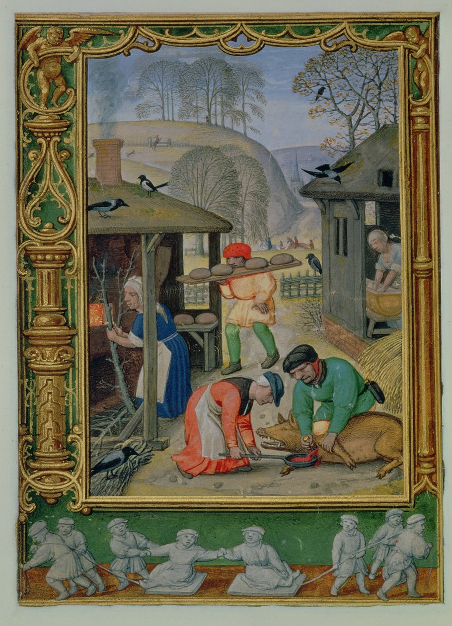 Legg til 24098 f.29v Desember: Tilberede mat til vinteren, lage brød og drepe en gris, fra Time Book, eller Golf Book, c.1520-30 (vellum) av Simon (workshop of) Bening