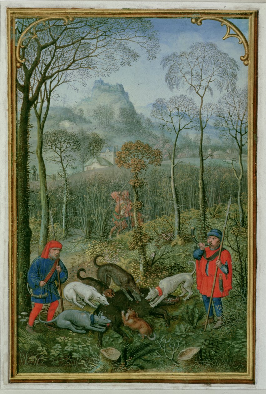 18855 f.108v desember: drepe villsvinet, fra en timebok, ca. 1540 (vellum) av Simon Bening