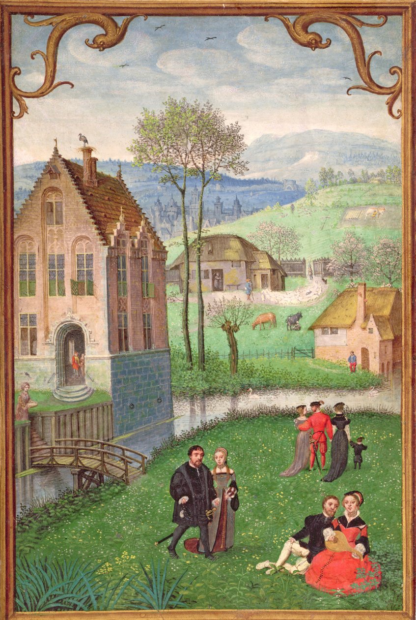 Legg til 18855 april: frier til par, fra en timebok, ca. 1540 av Simon Bening