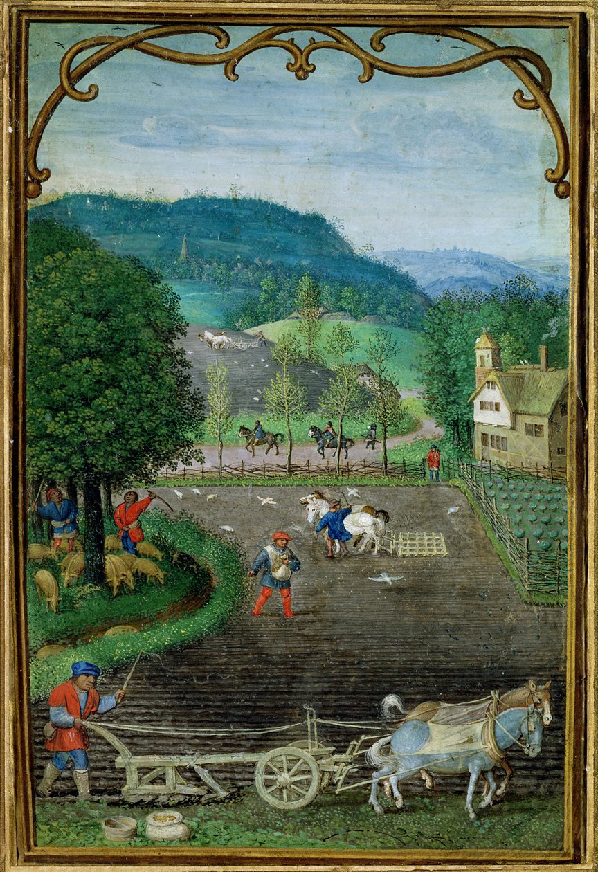 Legg til 18855 oktober: pløying og såing, fra en timebok, ca. 1540 av Simon Bening