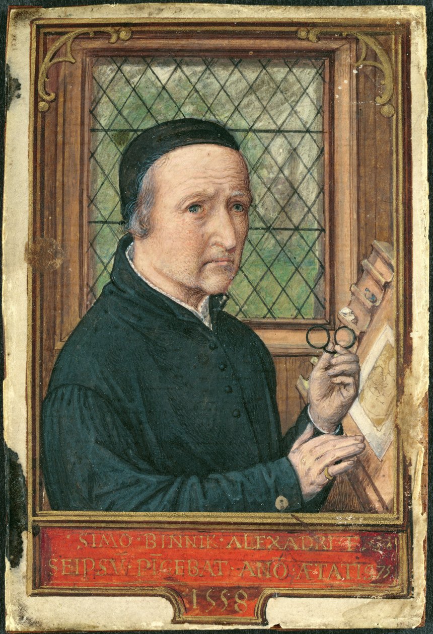 Legg til 18855 Selvportrett av Simon Bening, fra en timebok, ca. 1540 av Simon Bening