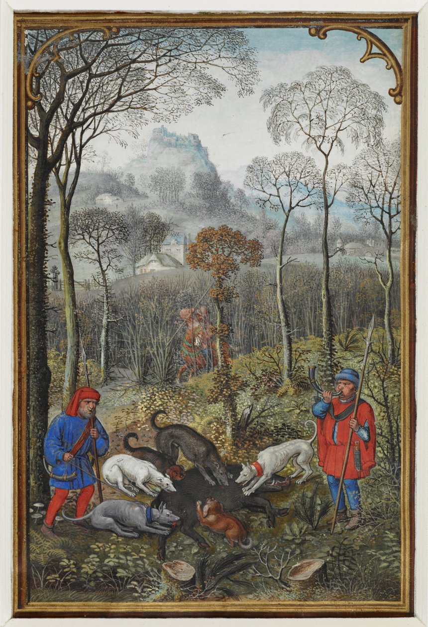 Legg til MS 18855 f.108v Kalenderminiatyr for desember som viser en villinjakt) av Simon Bening
