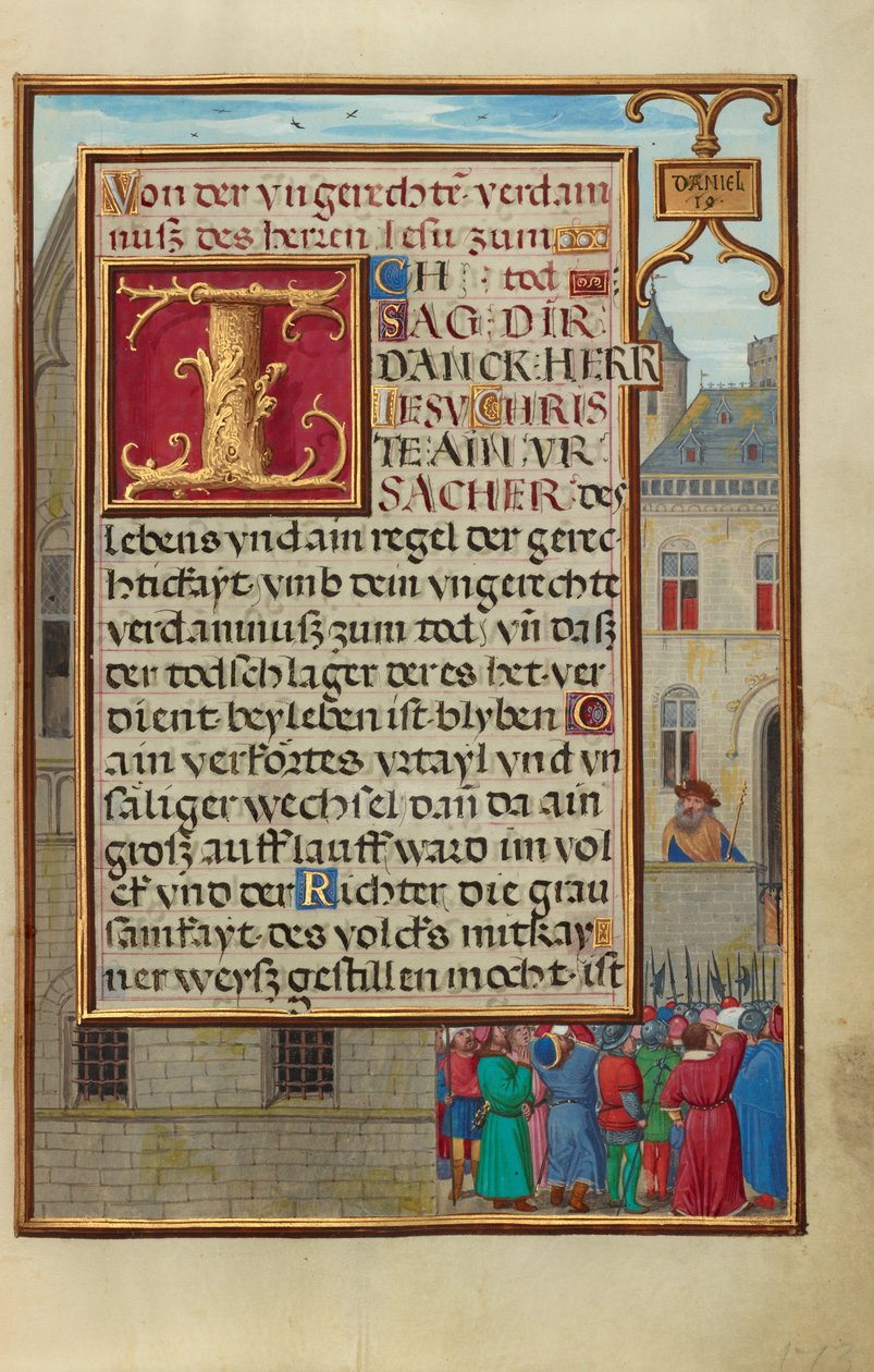 Rand mit dem Volk, das Daniel von Cyrus fordert av Simon Bening