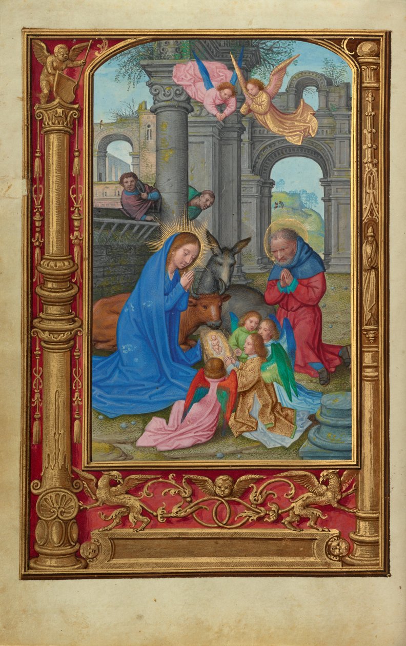 The Nativity, ca. 1525-30 (tempera, gullmaling og blad på pergament) av Simon Bening