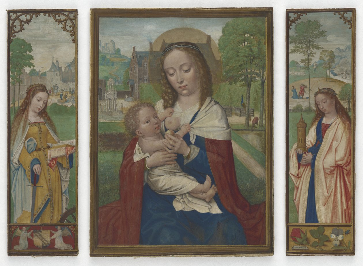 Jomfru og barn; De hellige Catherine og Barbara, ca. 1520 (tempera på vellum) av Simon Bening